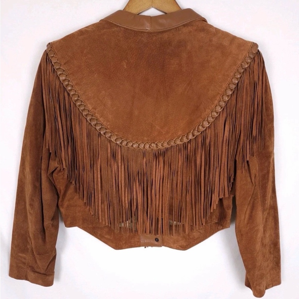 Vintage Diamond Leathers Size Large Brown Genuine Leather Fringe Snap-Up Jacket - Picture 9 of 9